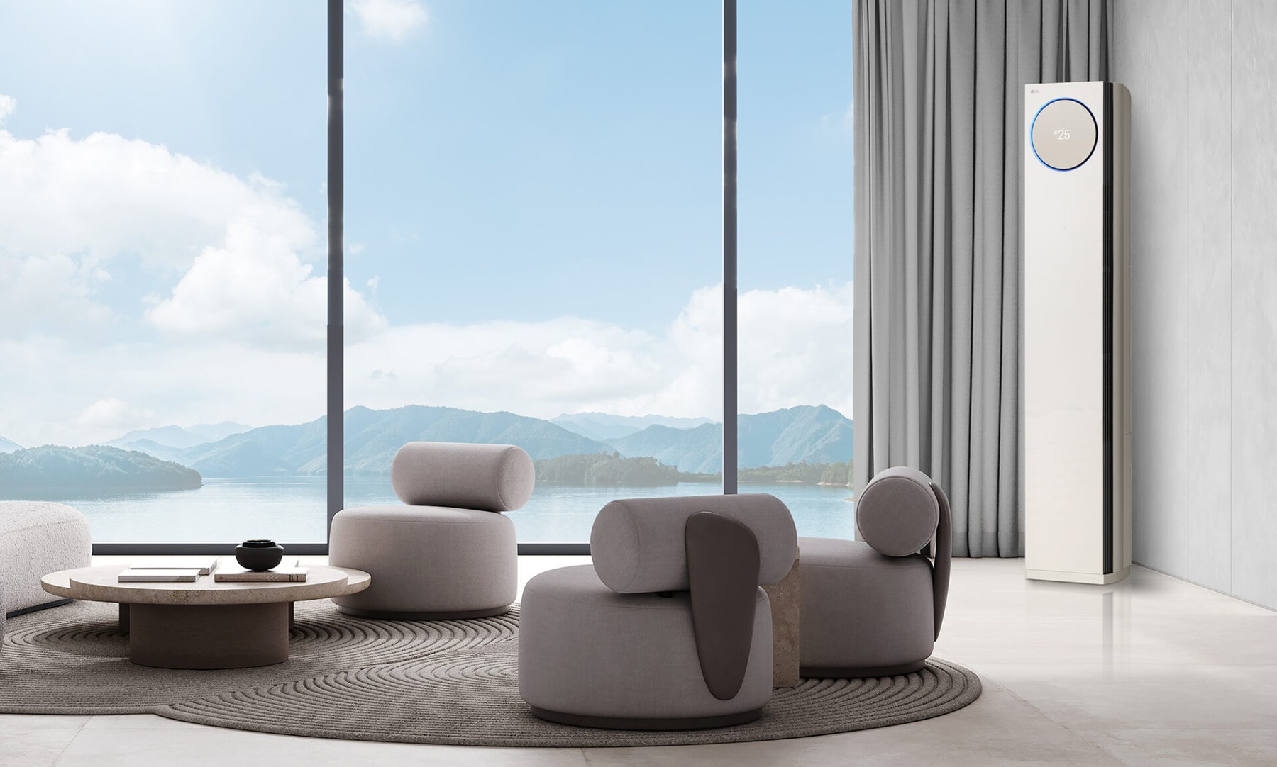 LG 휘센 오브제컬렉션 타워 에어컨 — 거실 설치 모습