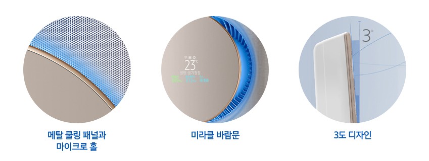 삼성 무풍에어컨 전면 패널의 메탈 쿨링 + 마이크로홀 + 미라클 바람문 클로즈업 도해
