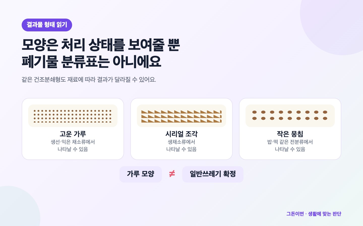고운 가루, 시리얼 조각, 작은 전분 뭉침은 처리 상태를 보여주지만 일반쓰레기 분류를 확정하지 않는다는 그림