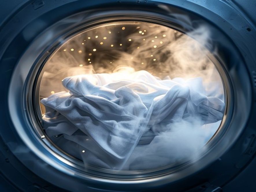 세탁기 드럼 내부에서 55~60℃ 스팀이 의류와 침구 시트를 감싸며 알레르겐 단백질을 분해하는 살균세탁 사이클 시각화. 세탁통 안쪽 빛 입자가 단백질 분해효소 활성 영역을 표현