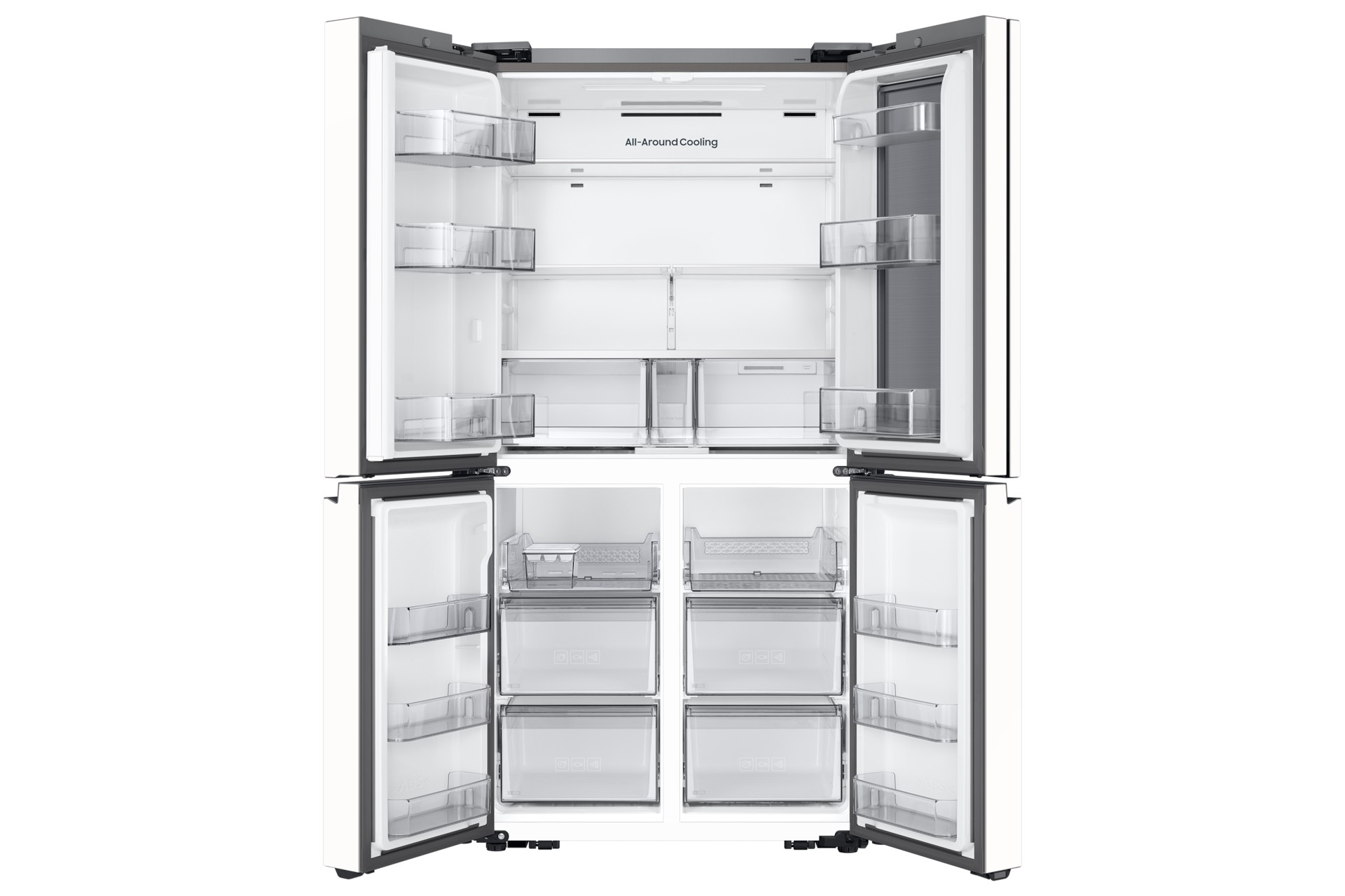 4도어 냉장고 내부 - 위쪽 2개 문이 냉장실, 아래쪽 2개 문이 냉동실인 상냉장/하냉동 구조