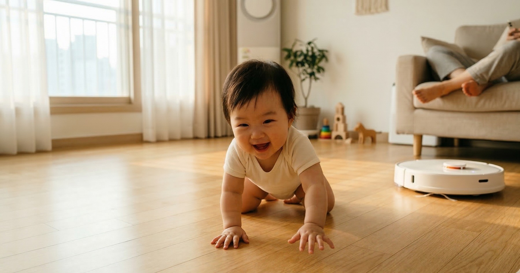 깨끗한 바닥에서 기어다니는 아기 — 로봇청소기가 매일 청소해서 먼지 걱정 없는 환경