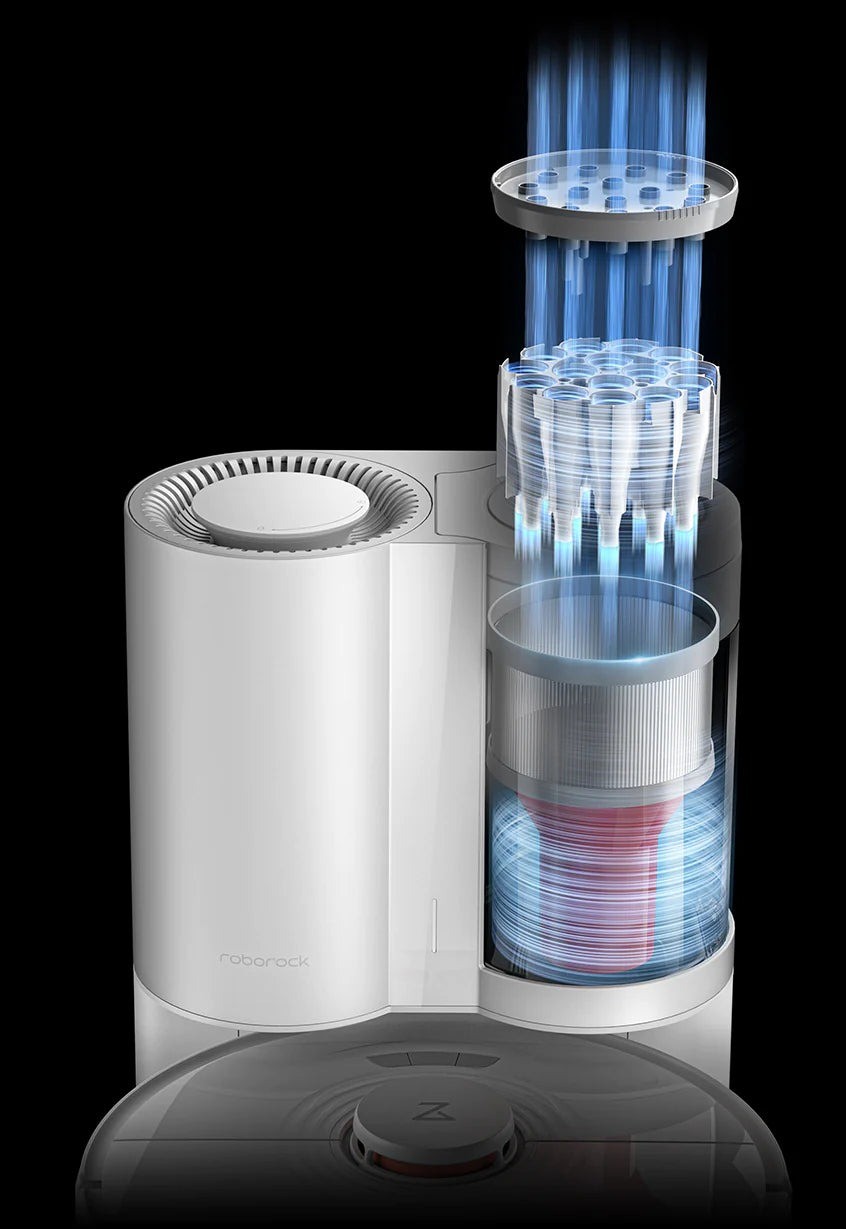 로봇청소기 클린베이스 도크 내부에서 사이클론 분리기가 먼지를 흡입해 도크 안 봉투에 모으는 작동 원리 단면 시각화