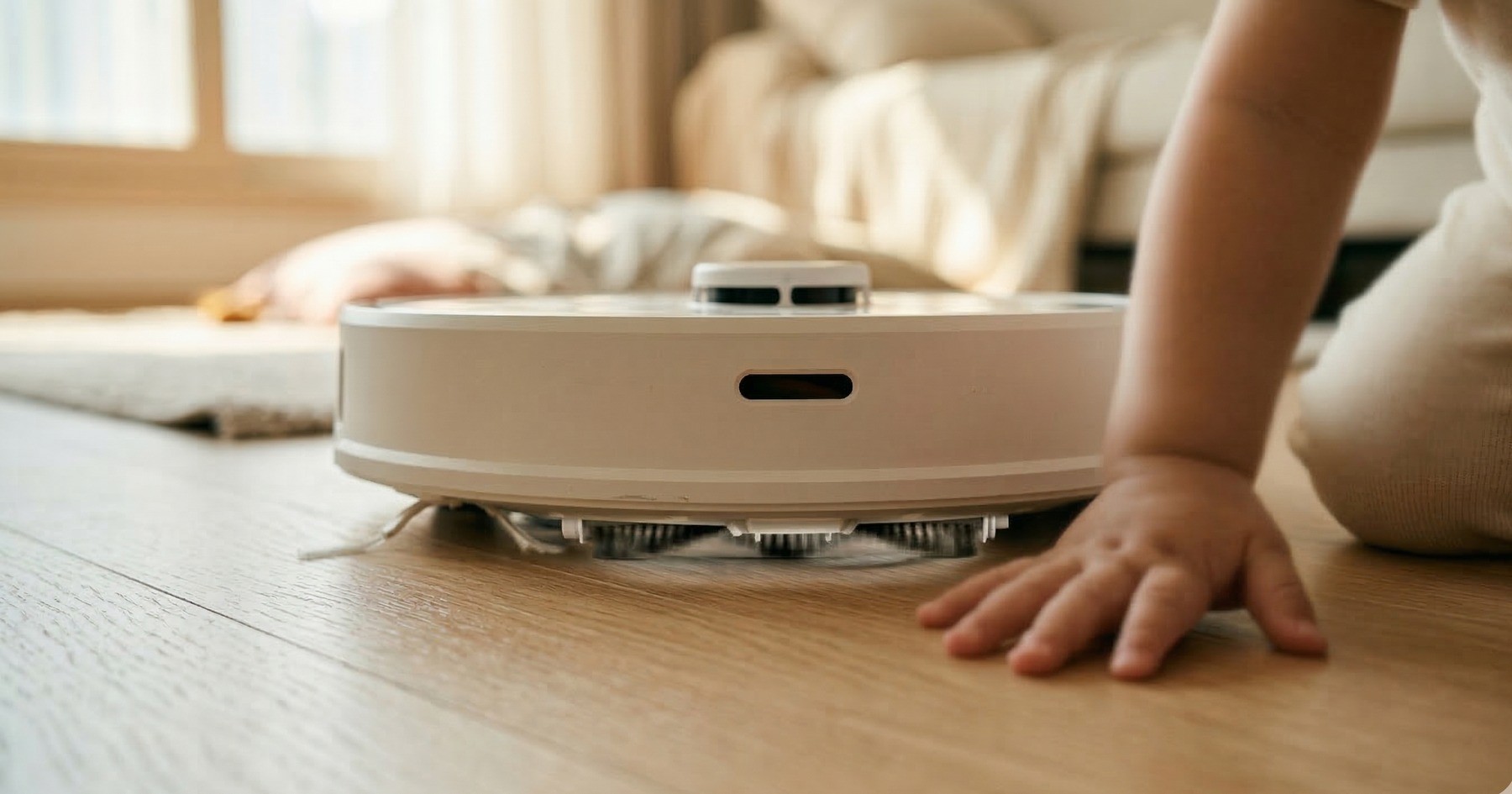 로봇청소기 하단 브러시와 바닥 사이의 좁은 틈 — 아이 손가락이 물리적으로 닿기 어려운 구조