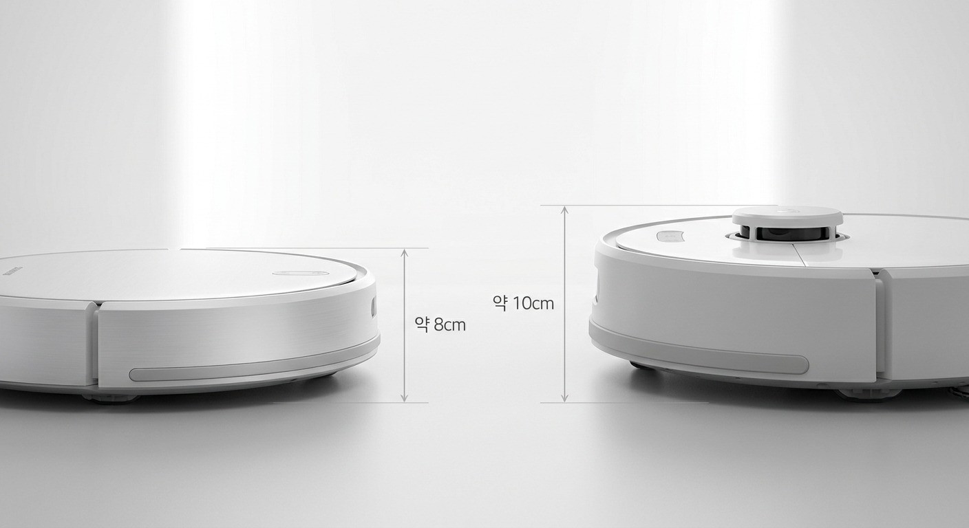 슬림형 8cm 로봇청소기와 LDS 센서 돔이 달린 표준 10cm 로봇청소기의 측면 비교. LiDAR 돔이 본체 위로 약 1.5cm 더 튀어나와 전체 키를 키움.