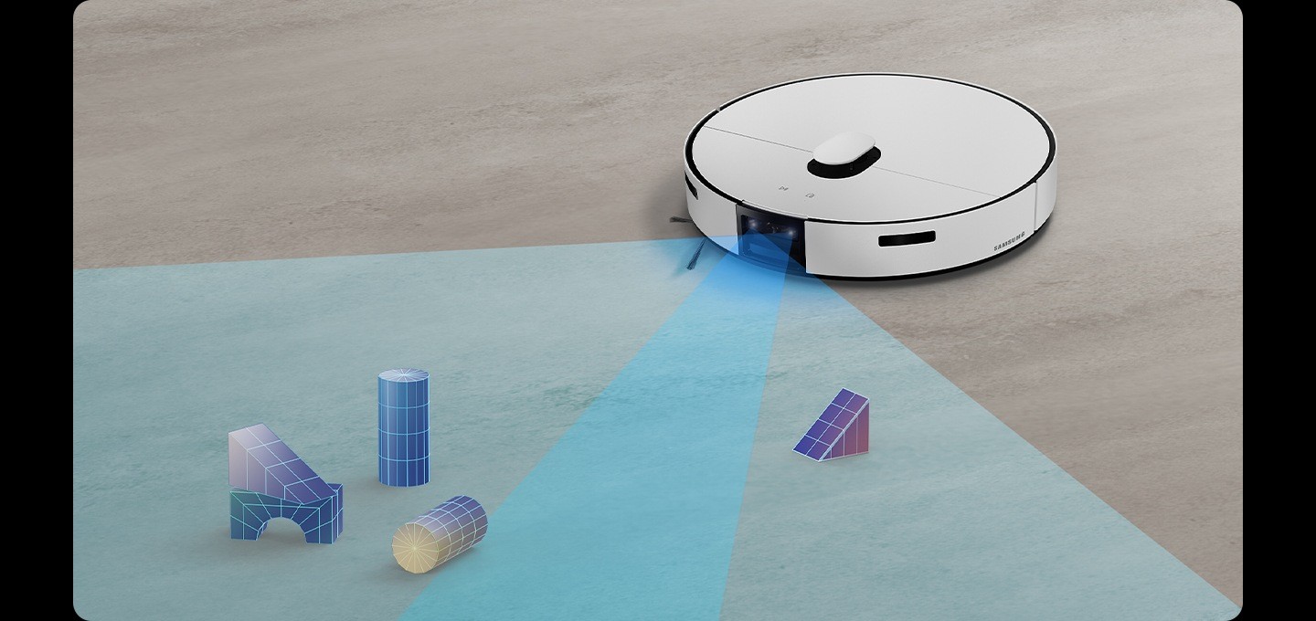 3D 장애물 감지 센서가 바닥의 블록 장난감을 입체적으로 인식하는 모습