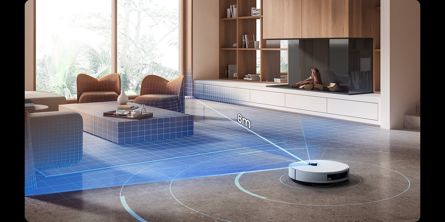 dToF LiDAR가 레이저로 방 전체를 3D 맵핑하는 모습. 반경 8m까지 가구와 벽을 인식한다.