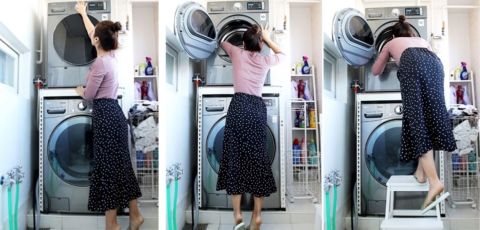 분리형 적층에서 상단 건조기에 빨래를 넣으려면 팔을 뻗고, 발돋움하고, 결국 발판에 올라서야 한다