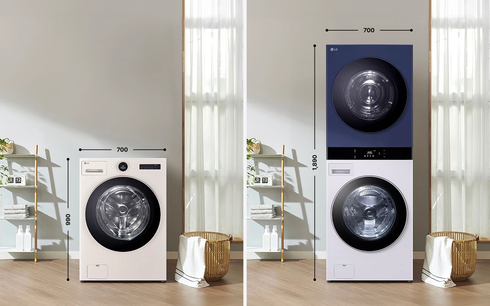 LG 워시콤보(좌)와 워시타워(우)의 높이를 같은 공간에서 직접 비교한 도식. 콤보는 폭 700mm·높이 990mm, 워시타워는 폭 700mm·높이 1,890mm로 표시