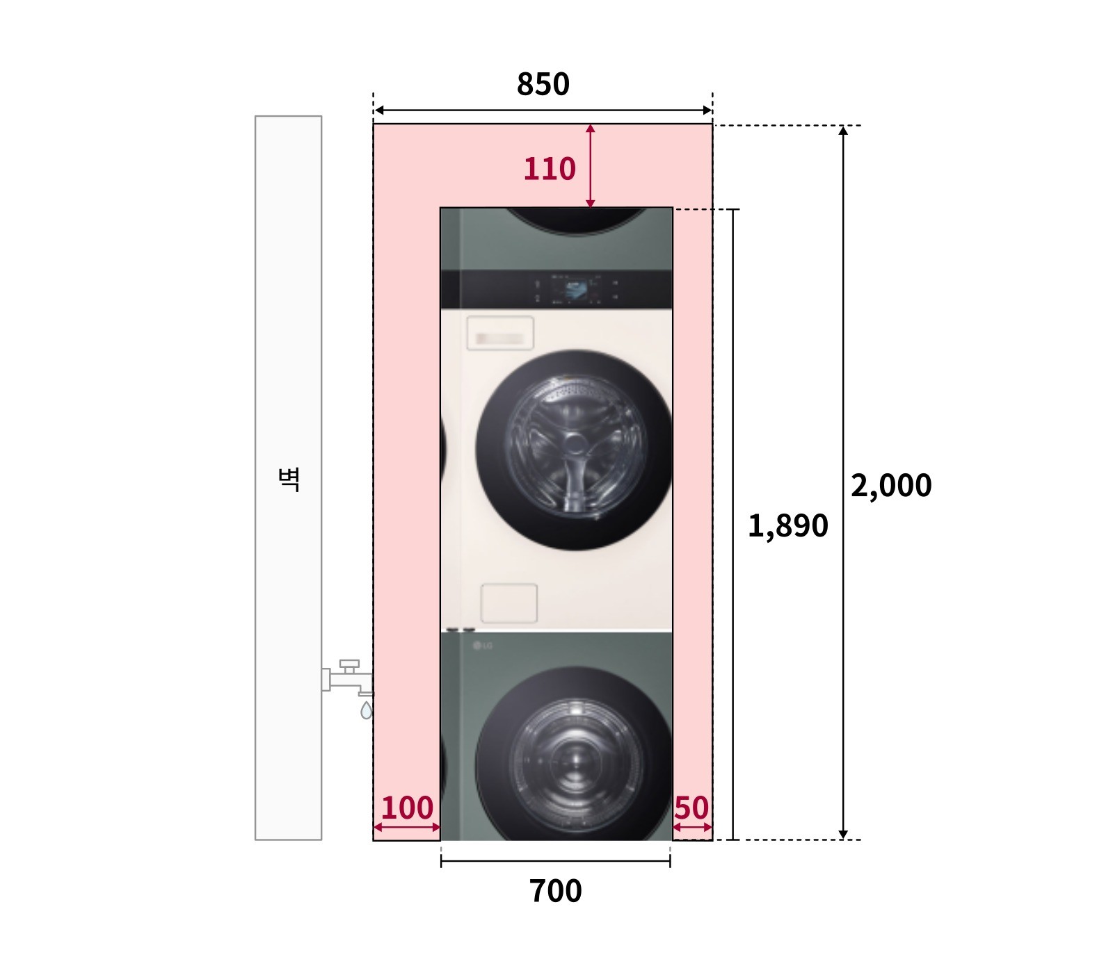 LG 워시타워 설치 공간 도면. 본체 폭 700mm·높이 1,890mm 기준으로 좌우 여유 100mm·50mm, 상단 110mm, 총 필요 공간 폭 850mm·높이 2,000mm가 표시된 전면 단면도