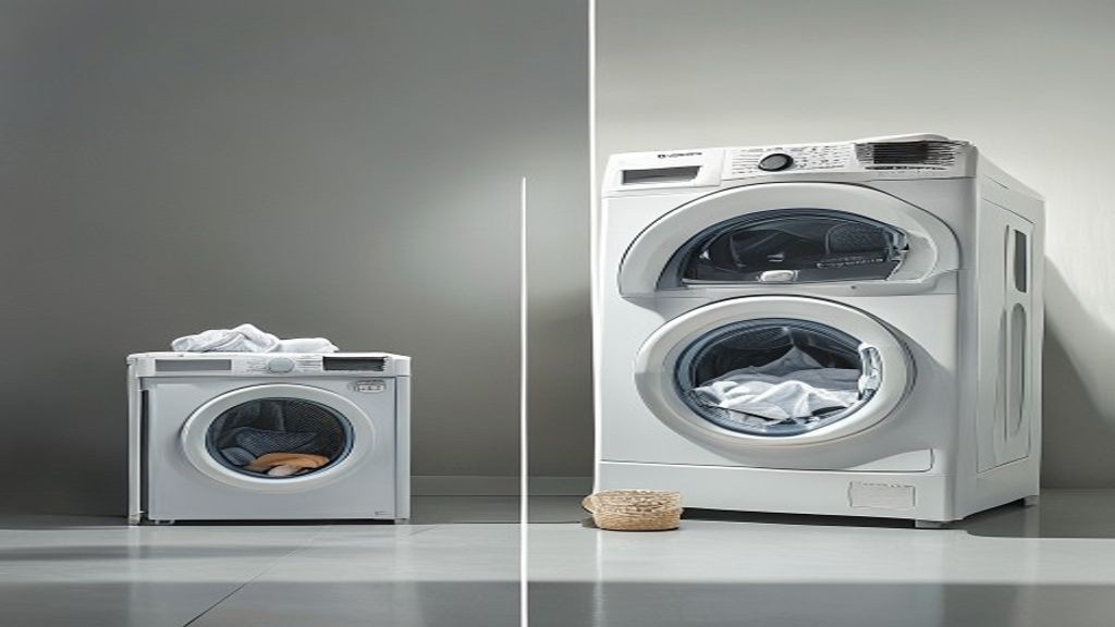 슬림 13kg 드럼세탁기와 대용량 21kg 드럼세탁기를 나란히 두고 같은 양의 빨래(노부부 1주치 약 8kg)를 옆에 놓아 비교한 모습. 21kg 쪽 빨래 양이 통 크기 대비 턱없이 적어 보임