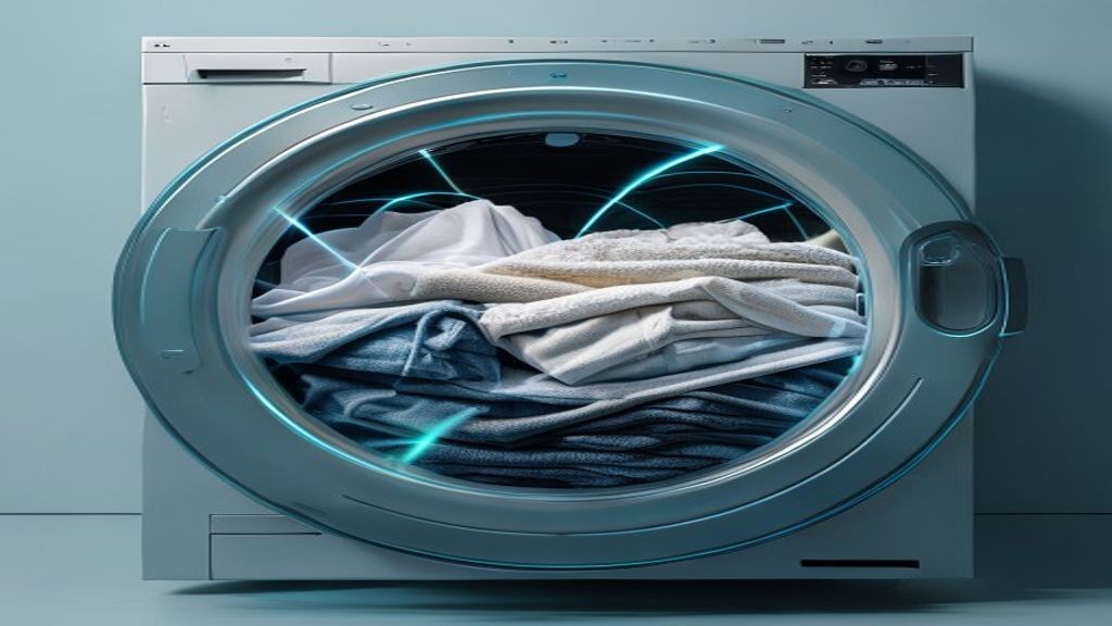 드럼세탁기 안에 면/타월/섬세/데님/아웃도어 등 다양한 옷감이 섞여 있고, AI 센서가 시안색 빔으로 각 옷감을 스캔하는 모습의 기능 시각화