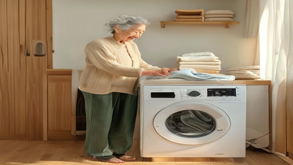 어르신이 전면 도어 드럼세탁기 앞에서 편안하게 빨래를 꺼내는 모습. 허리를 깊이 숙이지 않고 도어가 허리 높이에 있어 자세가 편안함