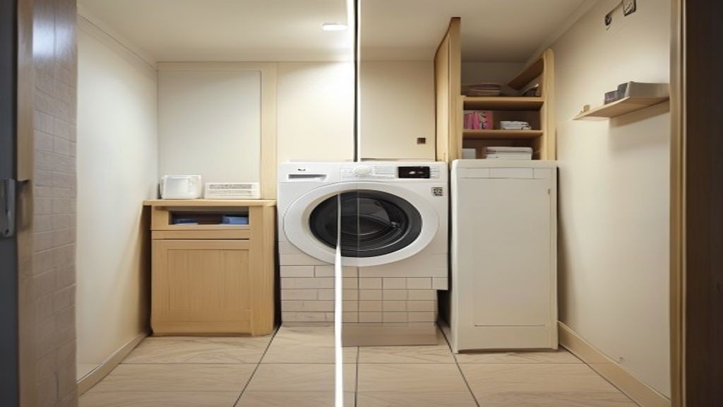 좁은 다용도실에 슬림 드럼세탁기(약 600mm)와 일반 드럼세탁기(약 700mm)를 각각 설치한 모습 비교. 슬림 쪽은 양옆에 여유 공간이 있고, 일반 쪽은 벽에 거의 끼이듯 들어간 모습